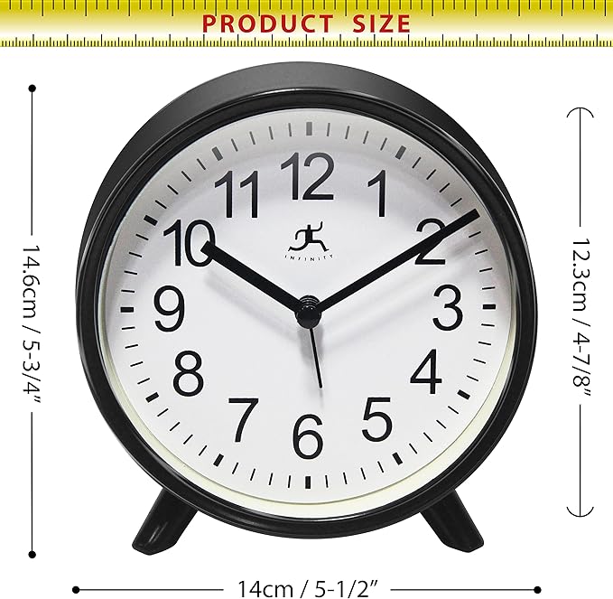 Infinity Instruments Plastic 5.75" Indoor Tabletop Alarm Clock with Quartz Movement for Accurate Time Keeping, Black