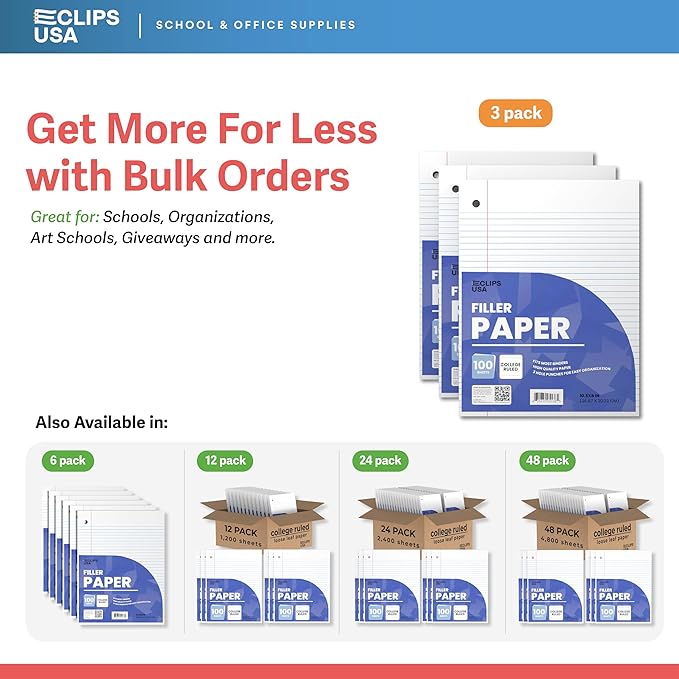 Loose Leaf Paper College Ruled Notebook Paper College Ruled Lined Writing Filler Paper 10.5” x 8” 300 Sheets 100 Sheets Per Pack 60 gsm (3 Pack)