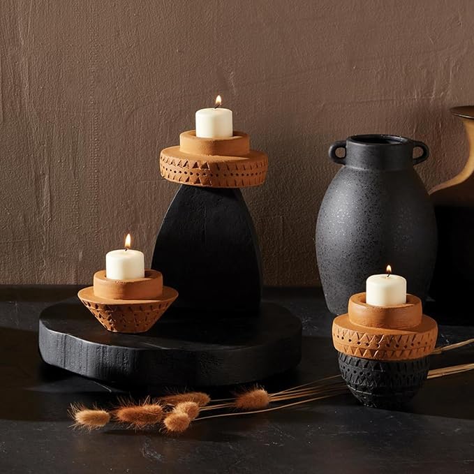 47th & Main Votive Candleholder Large Boho Terra Cotta Candle Holder, 4" Tall, Two-Tone