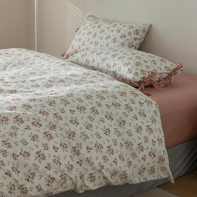 Floral Duvet Cover Twin Pink Floral 3 Piece Twin Girl Cottagecore Bedding Set with 2 Bow Tie Pillowcases,Room Decor Vintage Flowers Comforter Cover Princess for Teens Dorm