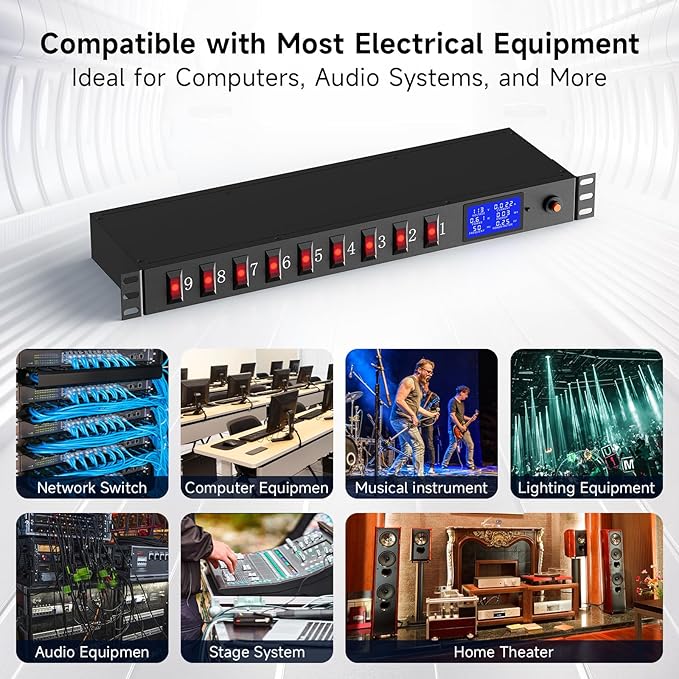 9 Outlet Rack Mount Power Strip with Individual Switches, PDU Surge Protector 15A 125V 1875W, 1U Server Rack Power Distribution Unit with Overload Protection and Power Monitoring, 6.5FT Cord