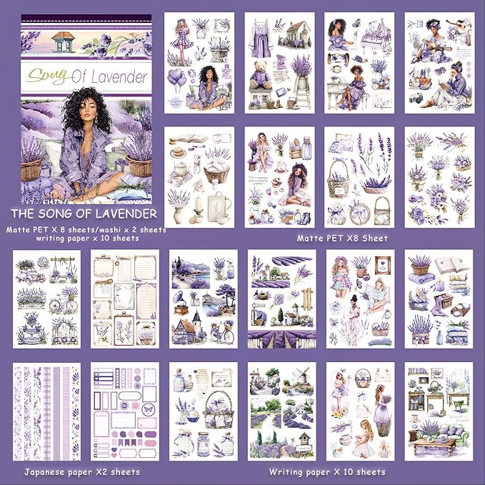 Snycler Sticker Book - 20 Sheets Vintage PET Stickers for Scrapbooking, Junk Journaling, Ephemera, and Decorative Crafts-Song of Lavender
