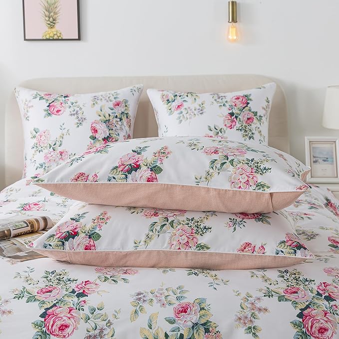 FADFAY Duvet Cover Set Queen Pink Rose Floral Bedding Shabby Peony Flower Quilt Cover Set Vintage Farmhouse Bedding 100% Cotton Soft Comforter Cover Set with Hidden Zipper Closure 3Pcs, Queen Size