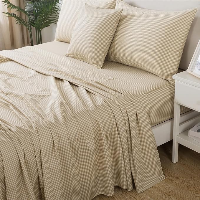 FADFAY Brown Plaid Full Size Sheets 100% Cotton Geometric Checker Bedding Teens Grid White Gingham Pattern College Bedding Deep Pocket Sheets with 2 Pillowcases Ultra Soft 4pcs, Full Size