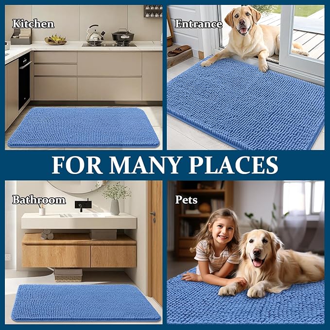OLANLY Dog Door Mat for Muddy Paws 34x21, Absorbs Moisture and Dirt, Absorbent Non-Slip Washable Doormat, Quick Dry Chenille Mud Mat, Entry Indoor Entryway Carpet for Inside Floor, Cornflower Blue