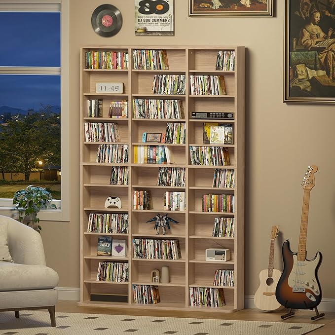 LELELINKY 11 Tier Tall Display Cabinet, Natural Media Storage Cabinet with Adjustable Shelves, Free Standing DVD Organizer Shelf, Multimedia Storage Manga Bookshelf for Living Room & Home Office.