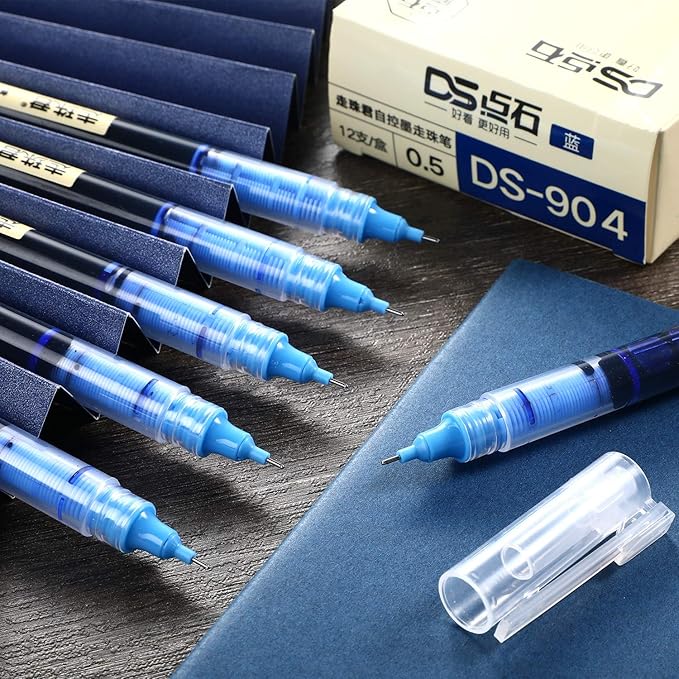 Frienda 12 Pieces Rolling Ball Pens 0.5 mm Japanese Quick Drying Fine Point Pens Liquid Ink Smooth Writing for Office Student Back to School Supplies(Black and Blue)
