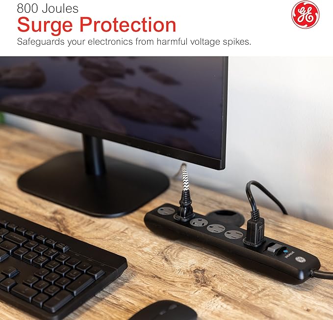 GE Surge Protector Power Strip, 15 Ft Extension Cord, 6 Outlet Extender, 800 Joules, Flat Plug, Twist-to-Close Safety Covers, ETL Listed, Black, 50767