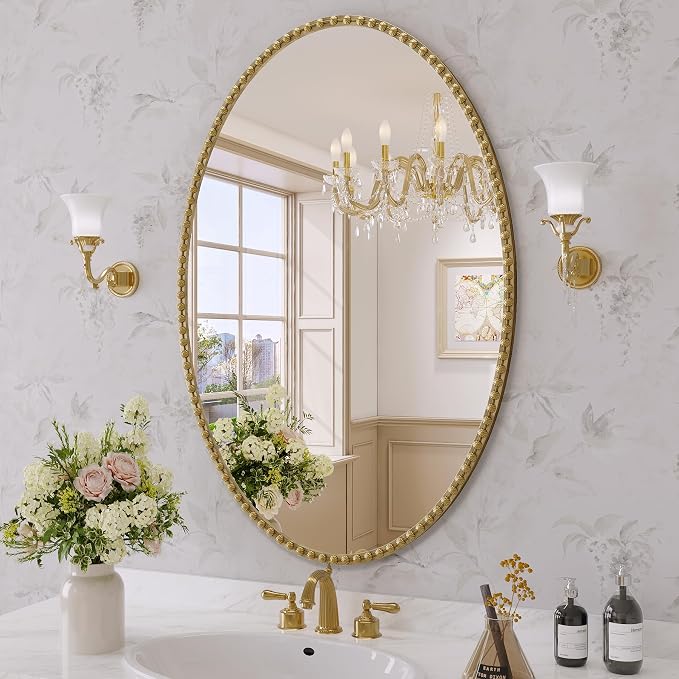 Gold Oval Bathroom Mirror, 24x32 Inch Floral Oval Mirrors for Wall, Antique Gold Metal Floral Frame Mirrors for Bedroom Living Room Hallway, Hangs Horizontally or Vertically