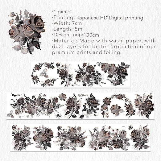 WT Rose Noir Wide Washi Tape Gilded, Single Roll, Original Designs, Black Flower Gold Foil Decors, Journal Scrapbook Bujo Planner DIY Crafts Supplies Gifts, Vintage Floral Adhesive Tape
