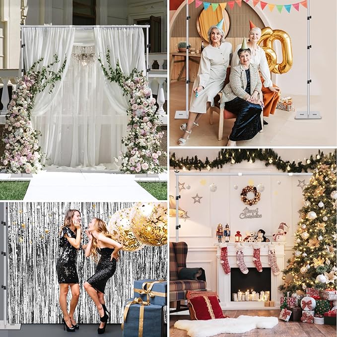 EMART Backdrop Stand, 8.5x10ft Width Adjustable Photography Background Support Poles with Heavy Duty Flat Base, Photo Metal Steel Pipe and Drape Frame Kit for Parties Birthday Wedding - Silver