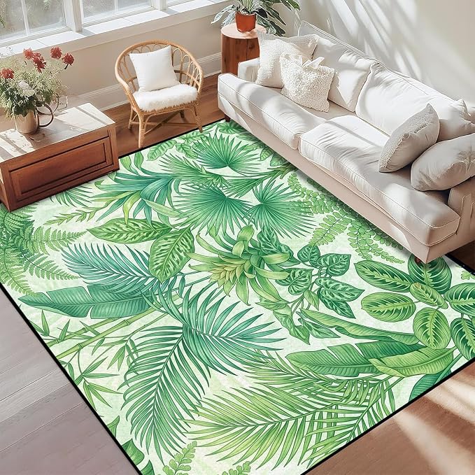 Tropical Leaves Area Rug 2'x3' Green Botanical Palm Fern Leaf Rug Non Slip Washable Indoor Floor Mat for Entryway Bedroom Living Room Nursery Kitchen Playroom Home Decor