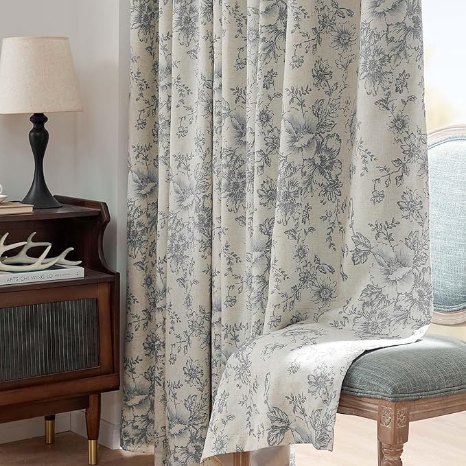 jinchan Blackout Linen Blend Curtain Grey Floral Blackout Curtains for Living Room 63 Inch Length Gray Printed with Lined Blackout Curtain for Bedroom Farmhouse Curtains Set 2 Panels