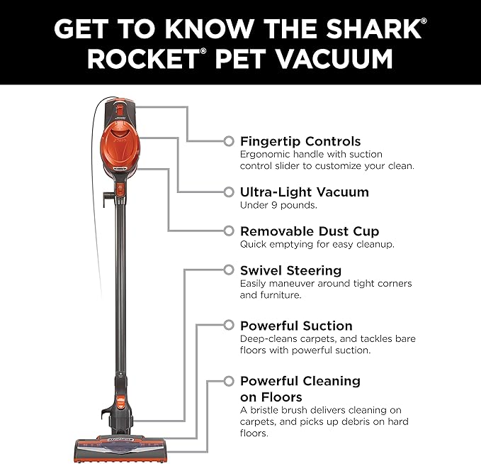 Shark Rocket Ultra-Light Corded Bagless Vacuum for Carpet and Hard Floor Cleaning with Swivel Steering (HV301), Gray/Orange