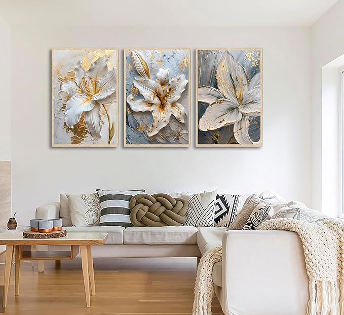 3Pcs Abstract Golden White Flower Wall Art Boho Gold Foil Blossom Canvas Oil Painting 2D Plane Textured Floral Wall Decor Nordic lily Posters Prints for Living Room Bedroom Office Pictures Unframed