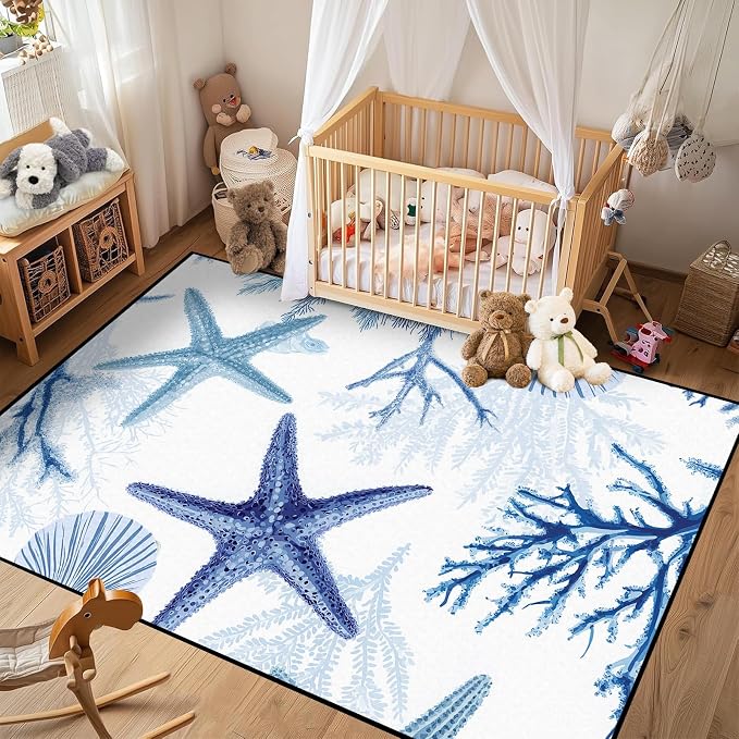 Coastal Starfish Rug 2'x3' Blue Ocean Area Rug Coral Seashell Floor Mat Washable Low Pile Carpet for Entryway Bedroom Living Room Kitchen Home Decor