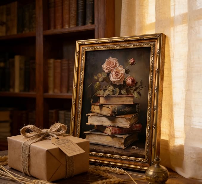 Vintage Gold Framed Retro Floral Books Wall Art Flowers Book Wall Decor Rose and Books Painting Pictures Retro Literary Pictures Artwork for study Gallery Living Room Bedroom 12X16in