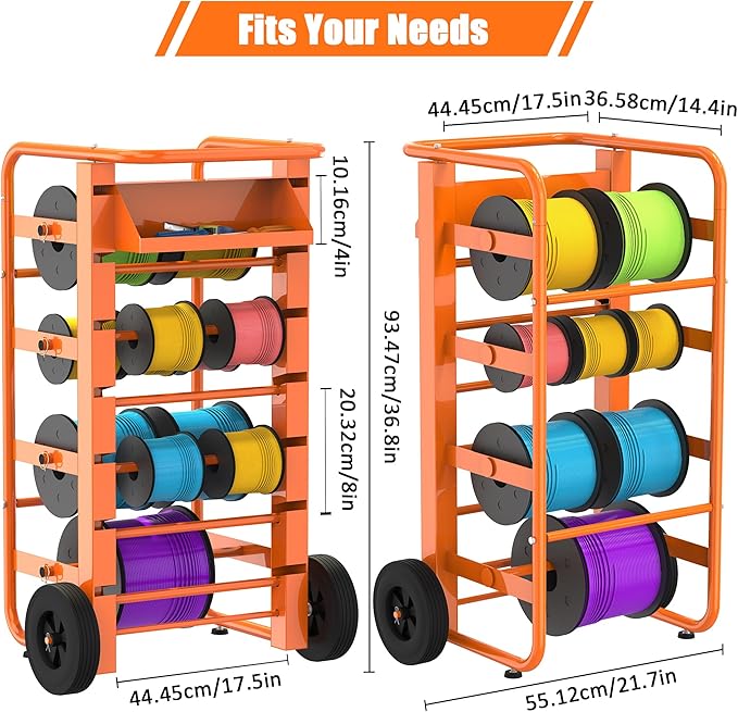 Tredre Orange Wire Spool Rack with Wheels, Heavy Duty Cable Holder with 11 Rods – Mobile Multi-Spool Wire Rack Dispenser with Wheels and Storage Box for Efficient Workplace Cable Management