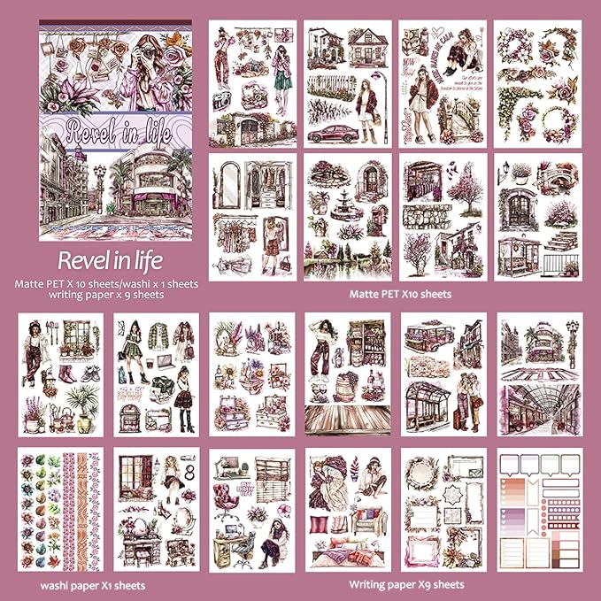 Snycler Sticker Book - 20 Sheets Vintage PET Stickers for Scrapbooking, Junk Journaling, Ephemera, and Decorative Crafts-Revel in Life