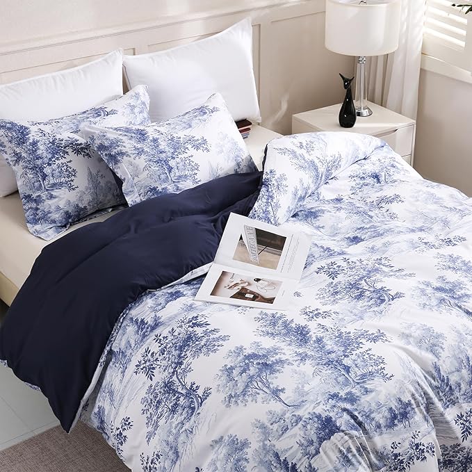 LONAVA Queen Botaincal 3 Pcs Duvet Cover Set, Breathable Soft Microfiber Navy Lining Comforter Cover with Zipper Closure, and 2 Anti-Pilling, Fade Resistant Pillowcases, Blue Forest