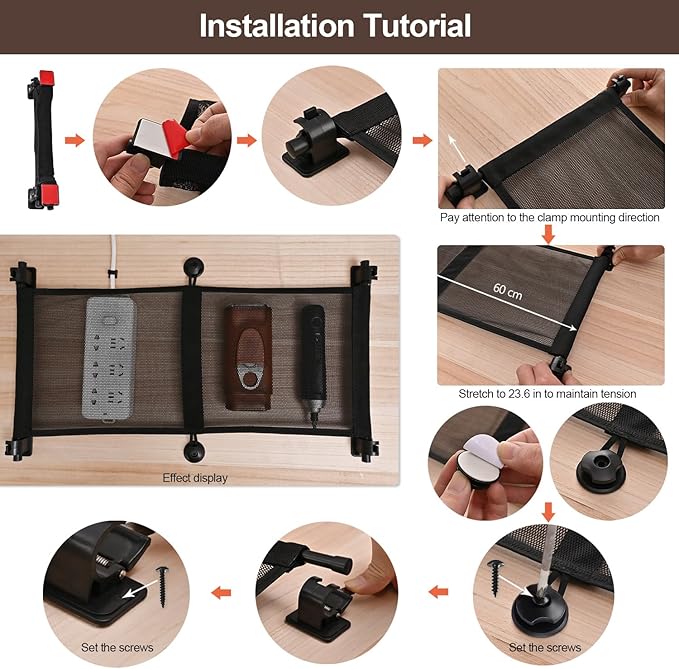 HX AURIZE Under Desk Cable Management Net – Flexible Wire Organizer with Side Rods & Center Hooks – Elastic Mesh Kit for Standing & Office Desks – Adhesive Positioning and Screw Lock Black
