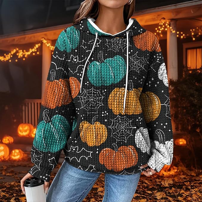 Halloween Sweatshirts for Women Novelty Graphic Drawstring Waffle Hoodies Loose Casual Pullover Tops with Pocket