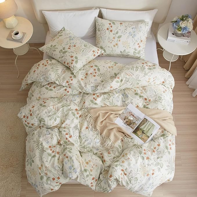 Vintage Floral Comforter Set Full Garden Style Flower Leaves Botanical Bedding Comforter with 2 Pillowcases Fluffy Soft Girls Cottagecore Bedding Set Aesthetic Flower Comforter Set for All Season