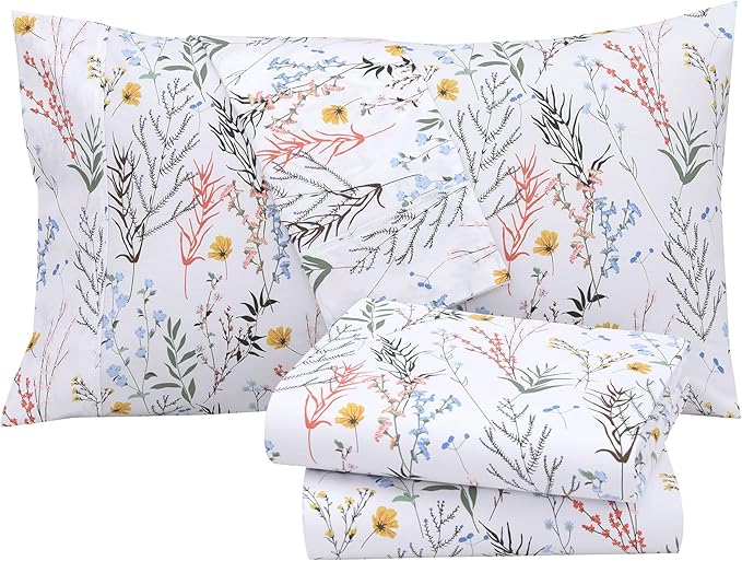 RUVANTI 100% Cotton King Size Sheets Set, 4 Pieces, Soft & Breathable Percale Weave Bedding, Deep Pocket 16", Hotel Standard, Crisp Cool Feel, Durable, Perfect Floral Bed Sheet, Aroma
