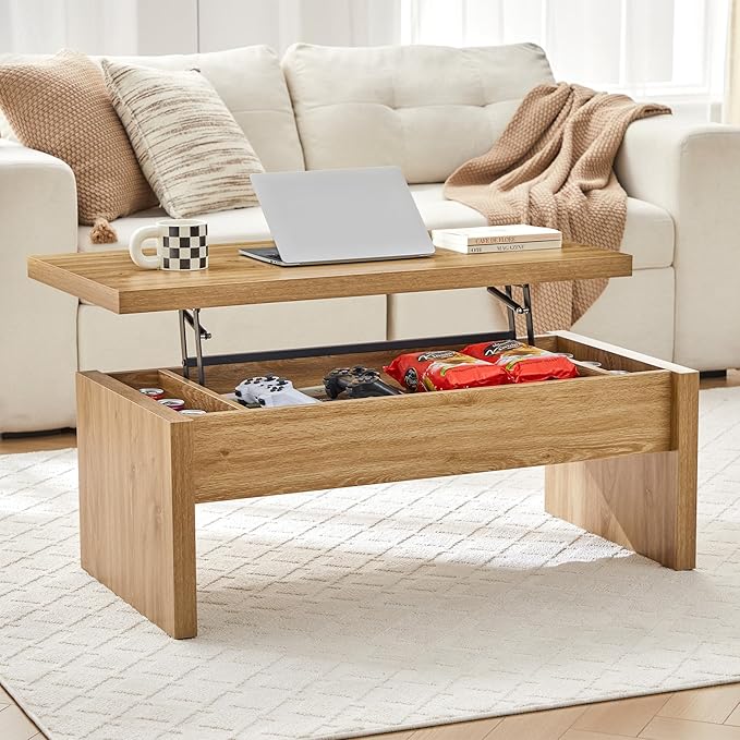 Small Lift Top Coffee Table, Wood Rectangle Coffee Table with Lifting Top and Hidden Storage Compartment, Mid Century Modern Center Tables for Small Space, Living Room, Office (Natural)