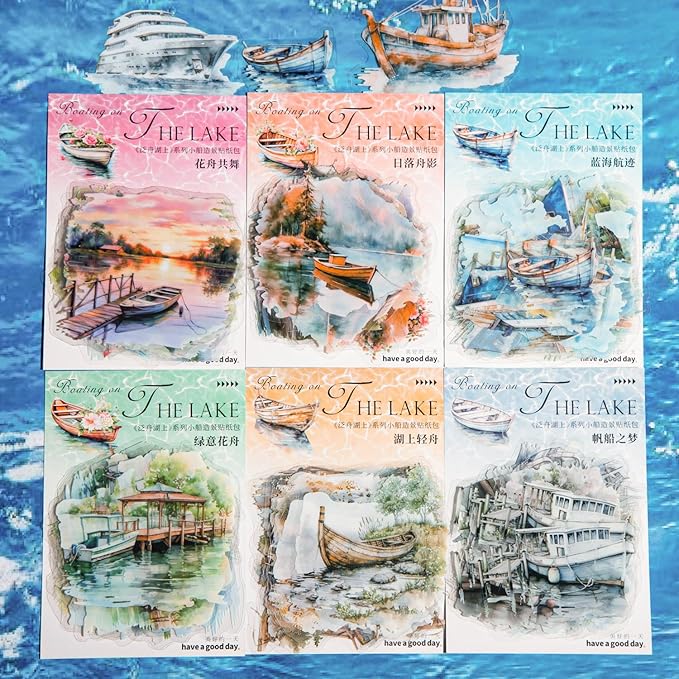 Dwpetzo Vintage Lake Boat Scenery Scrapbook Stickers Set, 120 Pieces Decorative Transparent PET Stickers for Journaling, Junk Journal Supplies, Collage, Scrap Book, Bujo