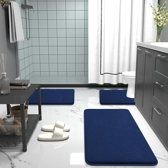 OLANLY Thick Memory Foam Bath Mat Rug 34x21, Extra Soft Absorbent Bathroom Rug, Quick Dry Bath Mats, Non-Slip, Machine Washable Carpet for Bathroom, Tub and Shower, Home Decor Accessories, Navy