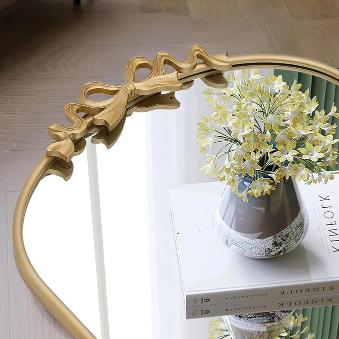 Besdomus Vintage Arched Gold Mirror: 24"x36" Large Gold Antique Bow Wall Vanity Mirror - Baroque Traditional Ornate for Bathroom/Bedroom/Living Room - Wall Decor for Housewife