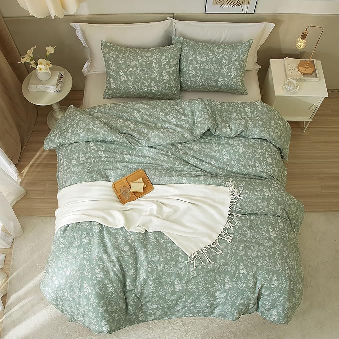 HighBuy Queen Comforter Set Sage Green Floral Boho Comforter Set Kawaii Toddler Bedding Set Queen Size Soft Bedding for Women Girls Comforters Queen Bed Set 3 Piece,1 Comforter and 2 Pillowcases