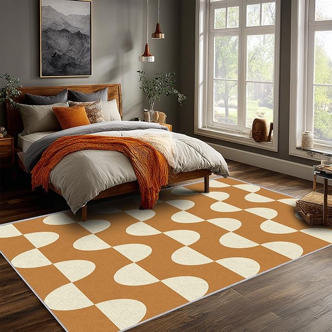 Caramel Dot Wave Area Rug 3 x 5 ft, Mid-Century Modern Geometric Rug, Brown Cream Abstract Washable Rug, Soft Low Pile Non-Slip Carpet for Living Room Bedroom Dining Room