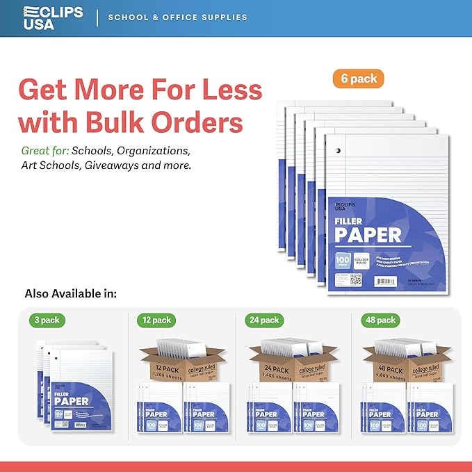 Loose Leaf Paper College Ruled Notebook Paper College Ruled Lined Writing Filler Paper 10.5” x 8” 600 Sheets 100 Sheets Per Pack 60 gsm (6 Pack)