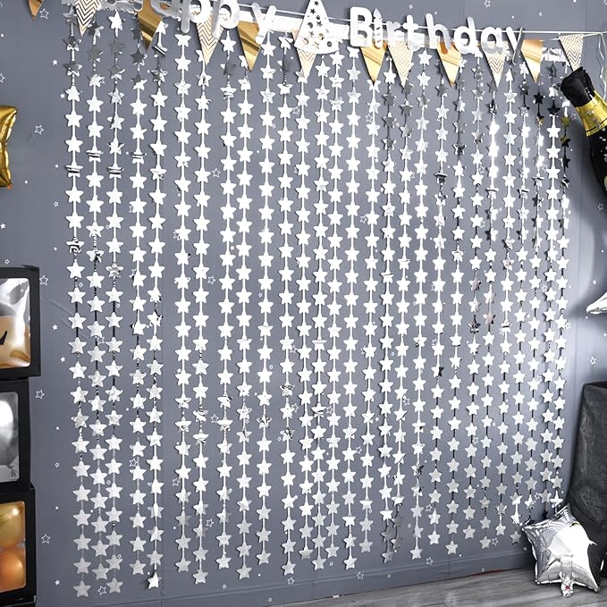 LOLStar 2 Pack Glitter Silver Stars Birthday Decorations 3.3X6.6 ft Each Silver Star Backdrop Foil Fringe Curtains,Perfect for New Year Eve 2026 Twinkle Star Space Celebration Disco Party Decor