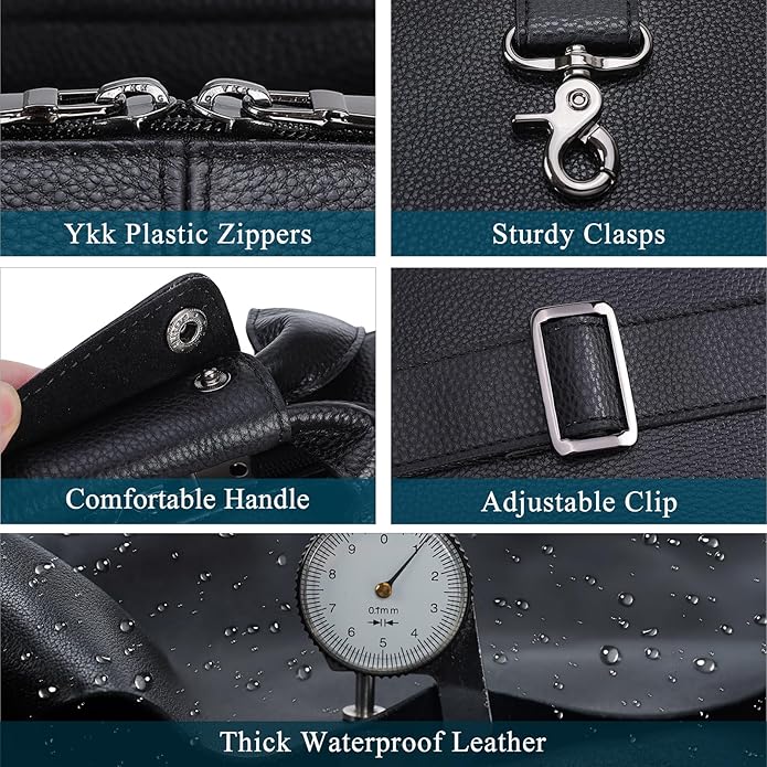 Masa Kawa Men’s Leather Briefcase for 16" Laptop Waterproof Crossbody Shoulder Messenger Bag Computer Attache Case for Business Travel Work, Black