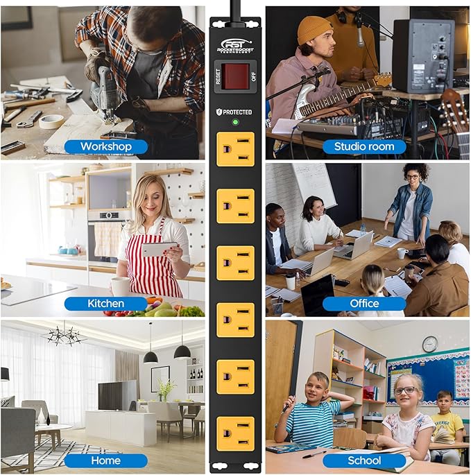 CRST 6 Outlet Surge Protector Power Strip 2100J with Switch, 15A/1875W Metal Heavy Duty Power Strip, Wide Spaced Wall Mount Power Bar for Garage Worshop Home School, 6 FT Cord( Black+Yellow)