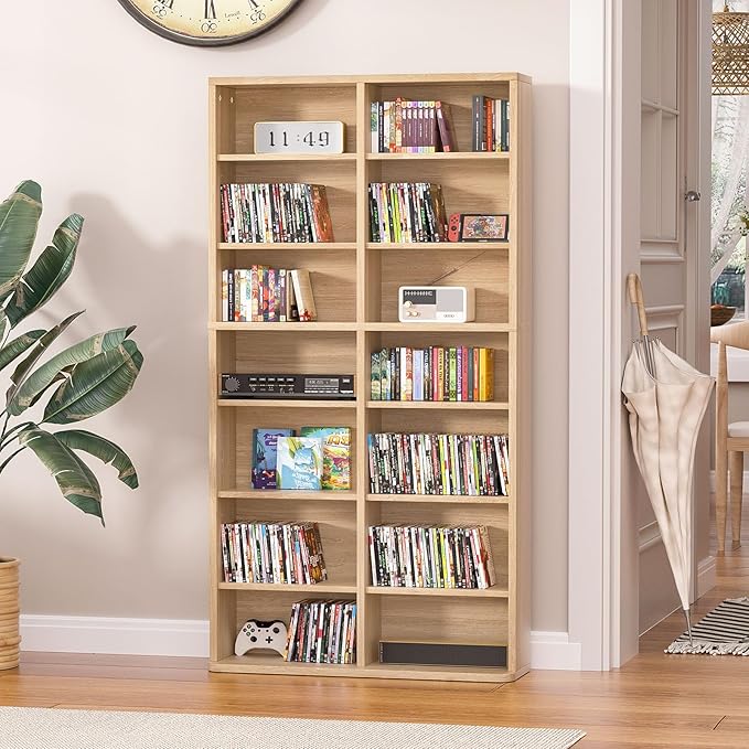 LELELINKY 7 Tier Tall Display Cabinet, Natural Media Storage Cabinet with Adjustable Shelves, Free Standing DVD Organizer Shelf, Floor multimedia storage manga bookshelf for Living Room & Home Office.