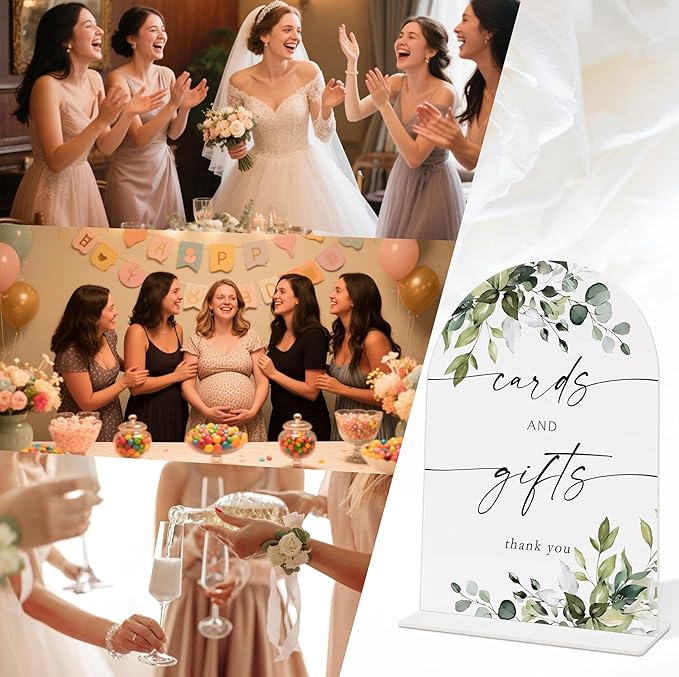 Wedding Signs for Reception, Green Leaves Gifts and Cards Sign for Table, Wedding Reception Signage, Bridal Shower Table Decorations with Base, Supplies for Proposal, Bridal Shower Event Ceremony, 13