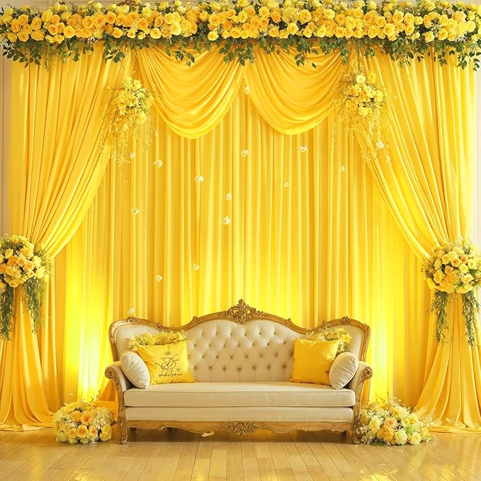 4 Panels Yellow Backdrop Curtain for Parties Wrinkle Free Lemon Yellow Photo Curtains Backdrop Drapes Fabric Decoration for Birthday Party Wedding Baby Shower 20ft(W) x 10ft(H)