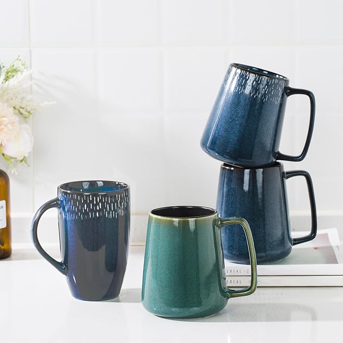 HYTYSKAR 24 OZ Extra Large Ceramic Coffee Mug, with Spoon and Wooden Lid, Big Tea Cups with a Large Handle for Office and Home, Microwave and Dishwasher Safe (24 oz Green Set)
