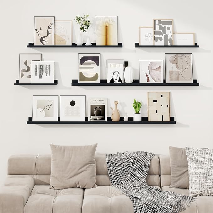 RICHFOCUS Picture Ledge Shelf, 24 inch Floating Shelves Set of 2, Wood Wall Shelves with Lip, Wall Decor Storage for Bedroom Living Room Bathroom Kitchen Nursery Photo Picture, Black