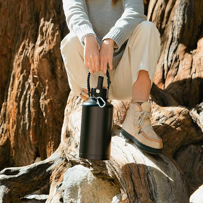 Insulated Water Bottle 64oz,Triple Wall Vacuum Stainless Steel(Dishwasher Safe),Leak Proof & Non-BPA,Flask Jug with Paracord Handle & Straw Spout Lids Sports Black