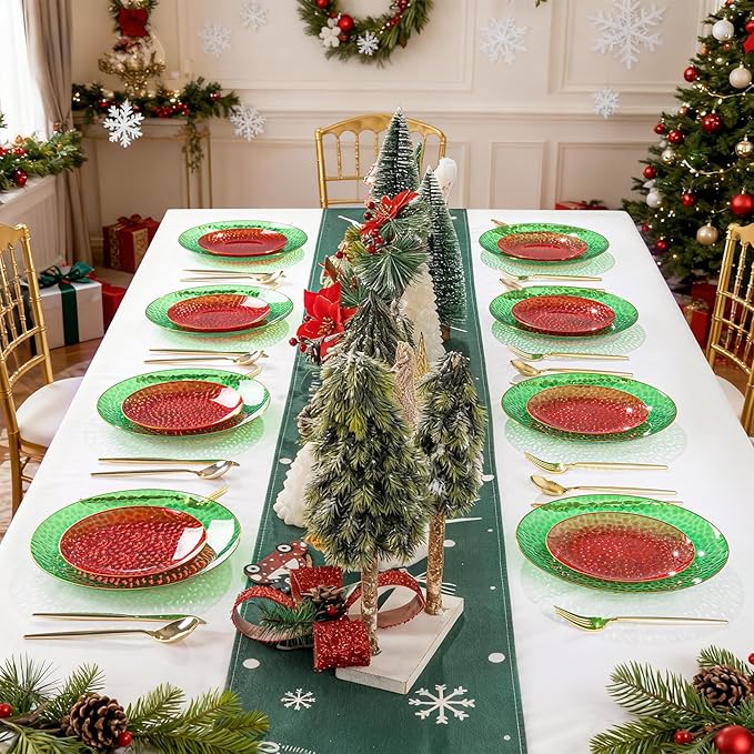 Rubtlamp 60 Pcs Christmas Plasitc Plates, Clear Green Red Plastic Plates With Gold Rim, Red Green Hammered-design, Include 30 Red Dessert Platos, 30 Green Dinner Platos, Perfect For Christmas