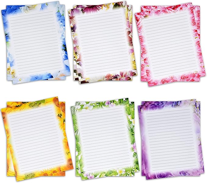 Gift Boutique 120 Pack Floral Lined Stationery Paper Letterhead Sheets, 8.5" X 11", 6 Flower Designs, Double Sided, Writing Printing Crafting Supplies