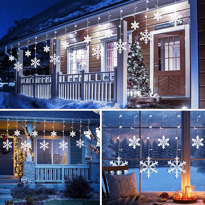 Christmas Snowflake Icicle Lights - 13ft 192LED Snowflake Drops, 12 Modes and Timer, IP65 Waterproof Connectable Christmas Lights for House Eave Window Indoor Outdoor, White