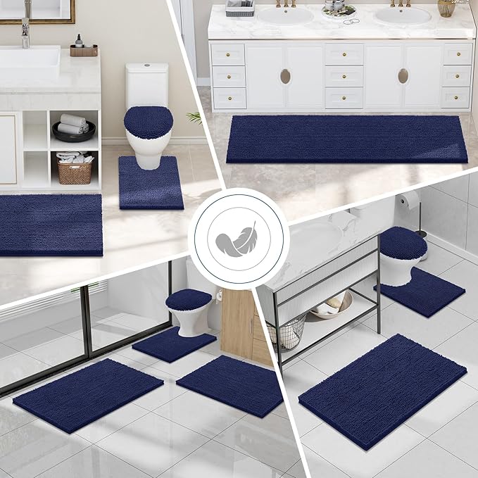 Smiry Luxury Chenille Bathroom Rugs 47x20, Extra Soft and Absorbent Shaggy Bath Mat, Machine Washable, Non-Slip Plush Carpet Runner for Tub, Shower, and Floor, Home Decor Accessories, Navy Blue