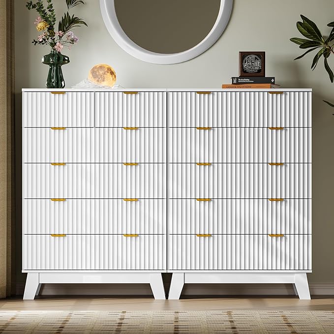 BORNOON 46" Tall Dresser for Bedroom, 6-Drawer Fluted Chest of Drawers, Modern Wood Highboy with Deep Storage, Metal Slides and Handles, Anti-Tip Kit, Vertical Clothes Organizer for Apartment, Nursery