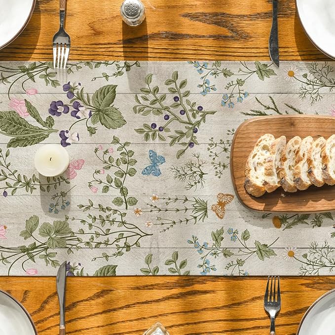 Artoid Mode Wood Wild Flowers Floral Spring Table Runner, Seasonal Summer Kitchen Dining Table Decoration for Home Party Decor 13x90 Inch